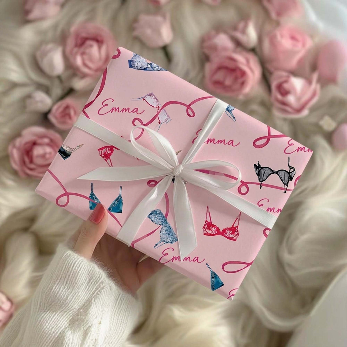 Personalized Breast Cancer Fighter Name Pink Bra Ribbon Wrapping Paper