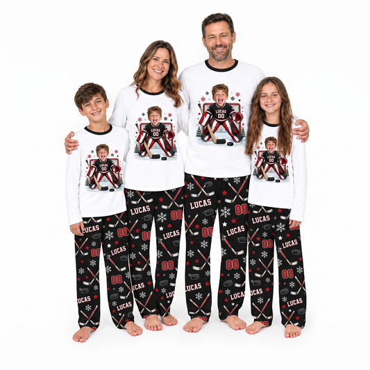 Custom Photo Cute Hockey Player Christmas Matching Family Christmas Pajamas