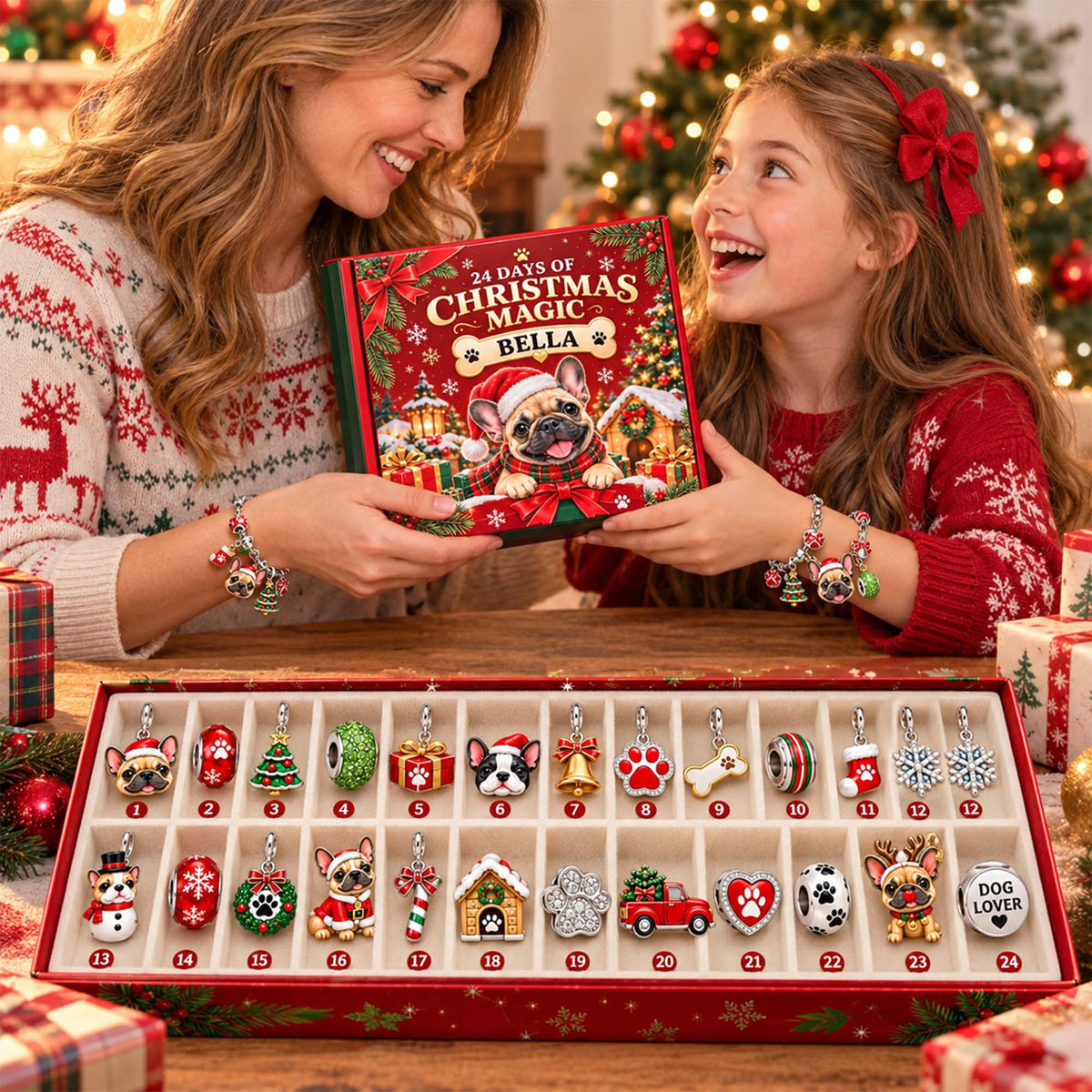 Personalized 24 Days French Bulldog Christmas Advent Calendar Bracelet Set With 24 Charms