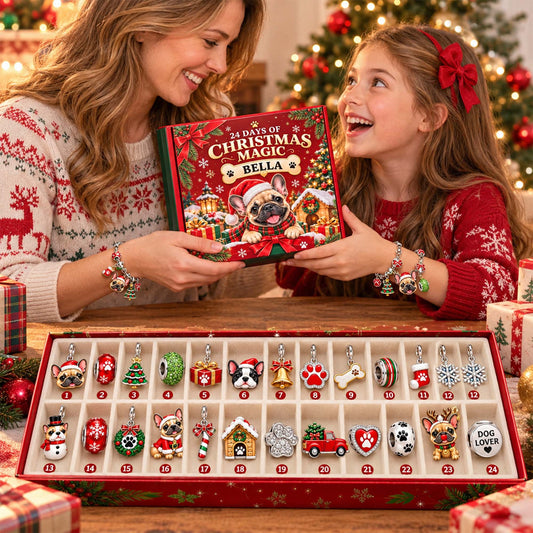 Personalized 24 Days French Bulldog Christmas Advent Calendar Bracelet Set With 24 Charms