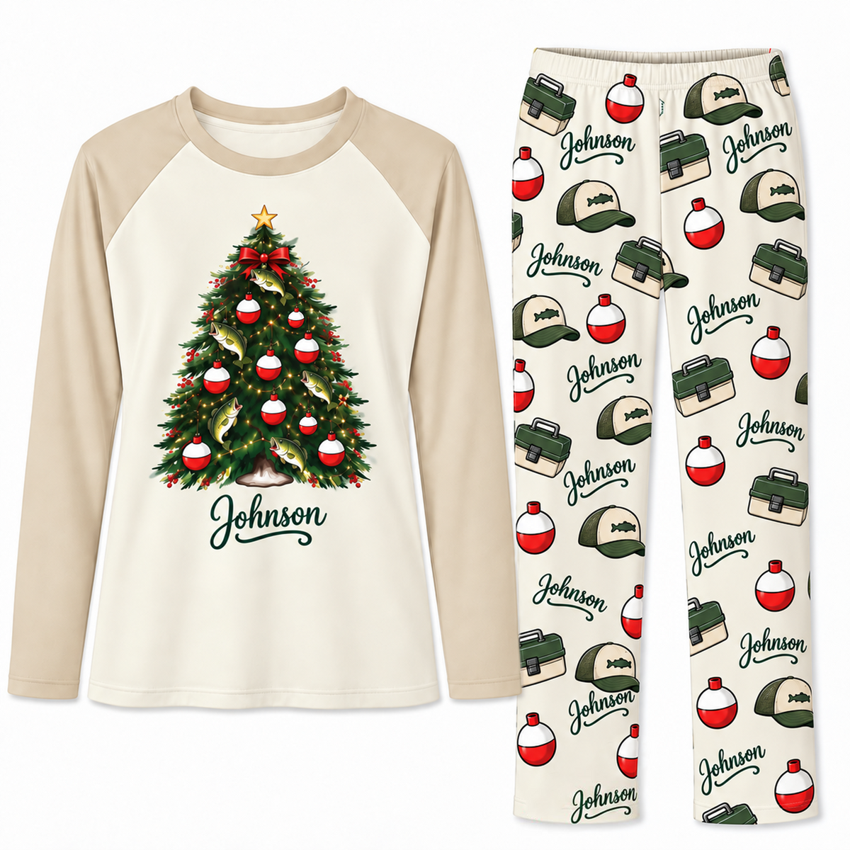 Custom Name Cute Fishing Christmas Tree Pajama Sets