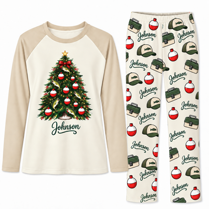 Custom Name Cute Fishing Christmas Tree Pajama Sets