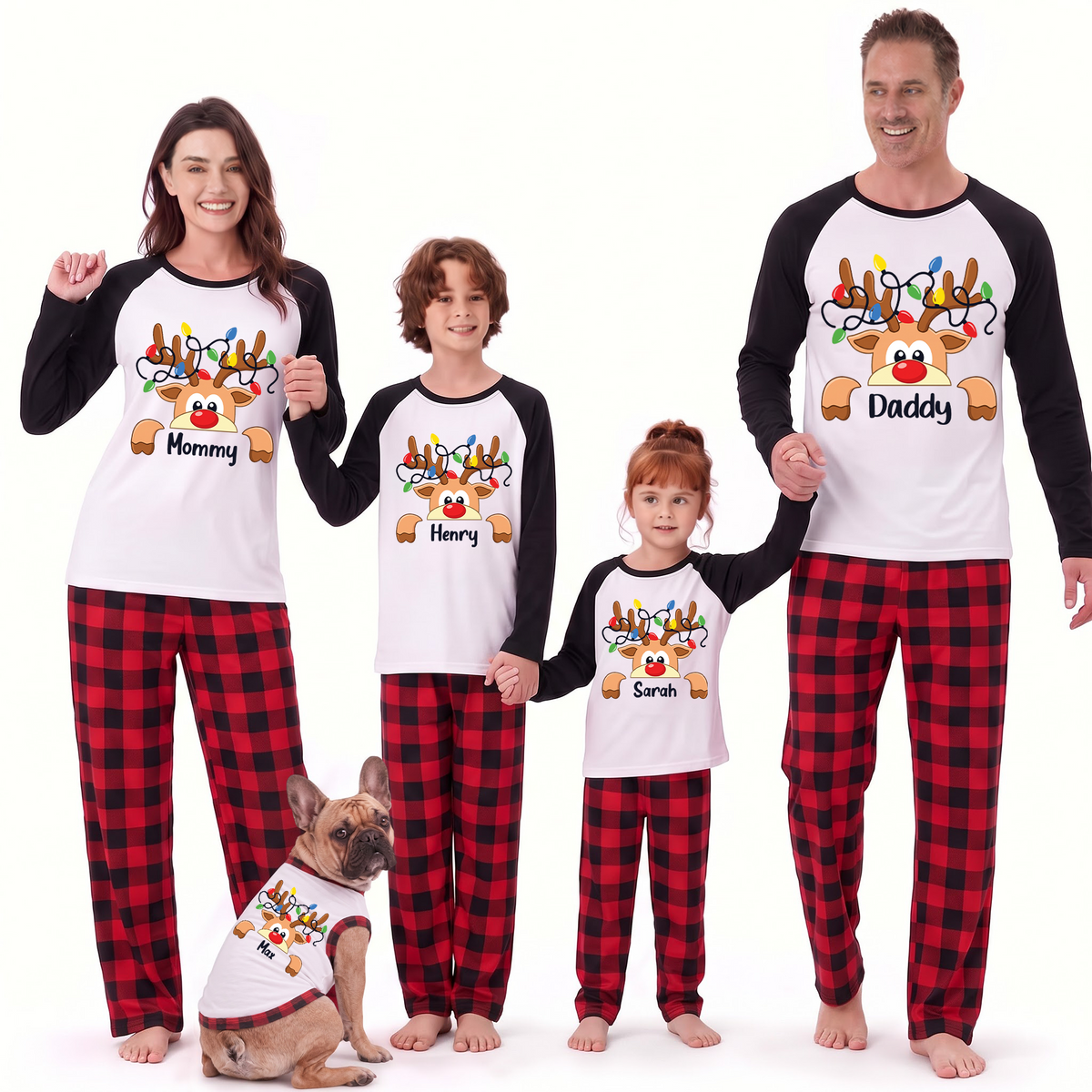 Custom Name Funny Reindeer Christmas Lights Matching Family Pajamas
