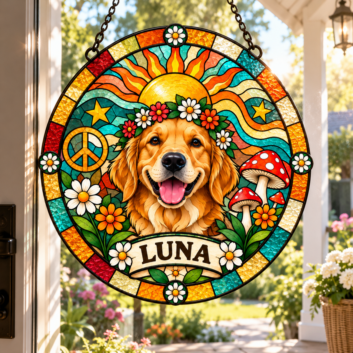 Personalized Pet Portrait Hippie Stained Glass Suncatcher – Custom Pet Name, Floral Peace Window Hanging Gift