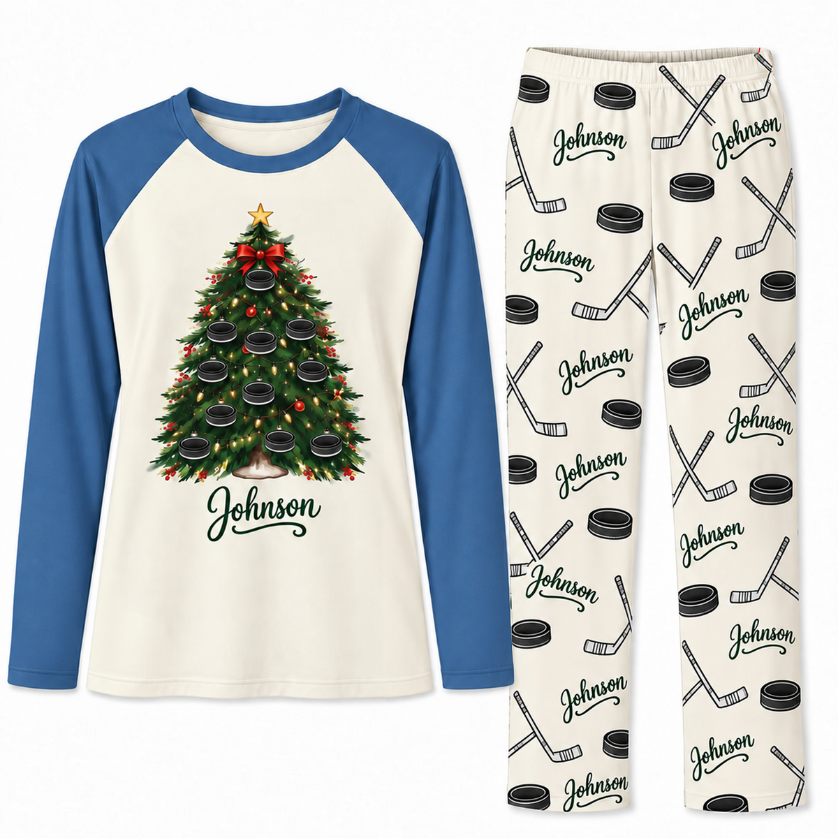 Custom Name Ice Hockey Christmas Tree Matching Pajama Sets