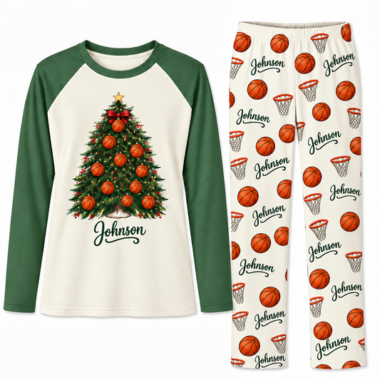 Personalized Name Festive Basketball Christmas Tree Family Pajama Sets
