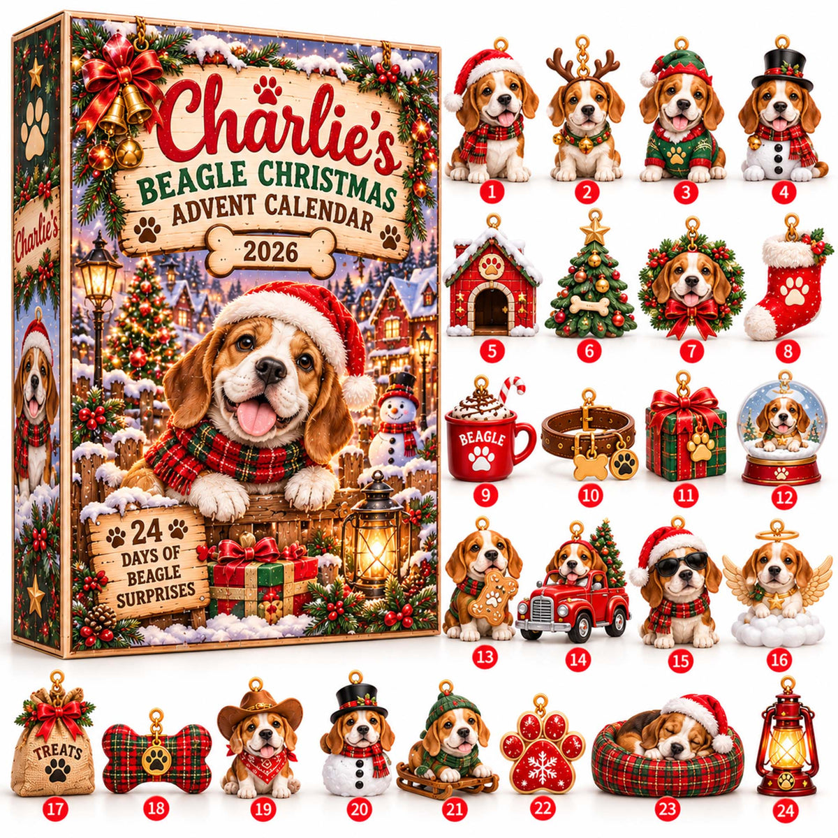 Personalized Beagle Christmas Advent Calendar 2026 – 24 Beagle Ornaments
