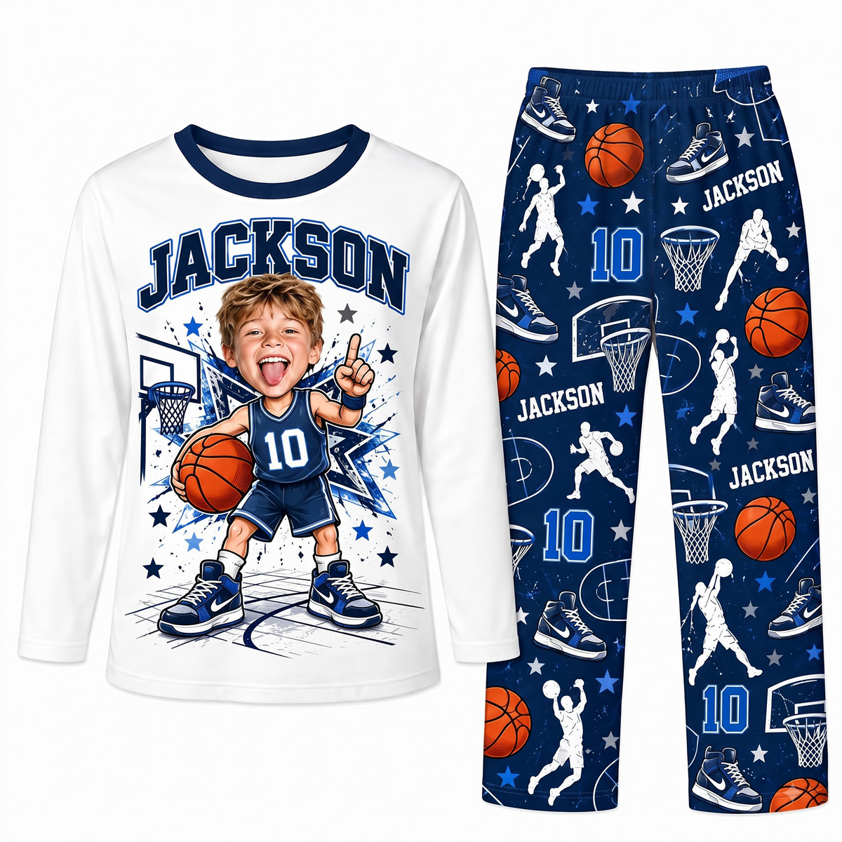 Custom Photo Name & Number Cute Basketball Player Matching Family Pajamas