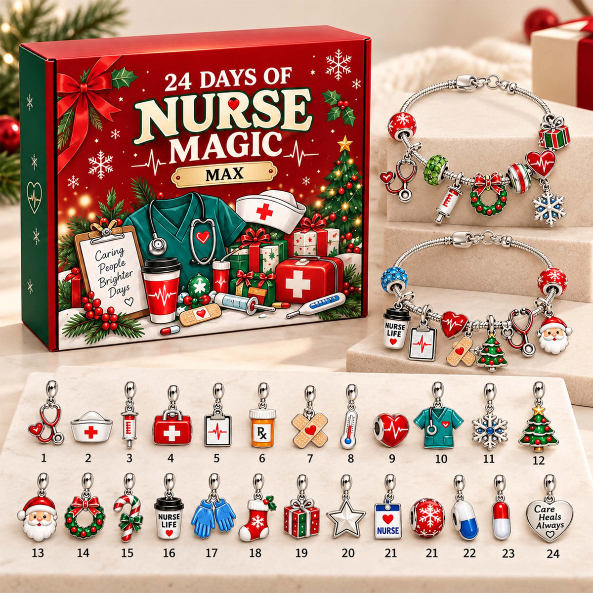 Personalized Nurse Christmas 24 Days Advent Calendar Bracelet Set With 24 Charms
