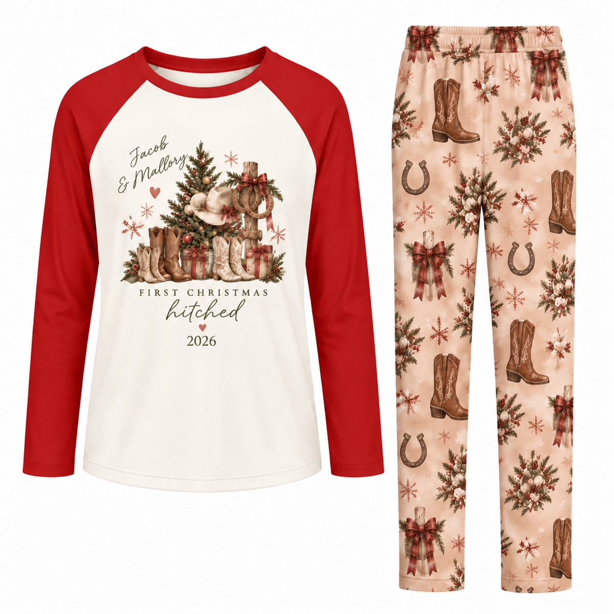 Personalized First Christmas Married Western Cowboy Couple Matching Pajamas