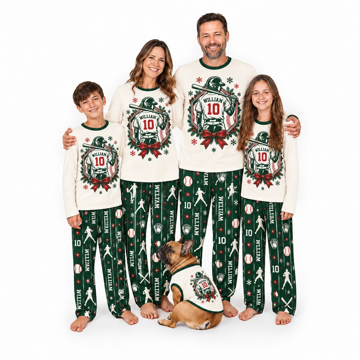 Personalized Cute Baseball Player Christmas Wreath Matching Family Christmas Pajamas With Custom Name & Number