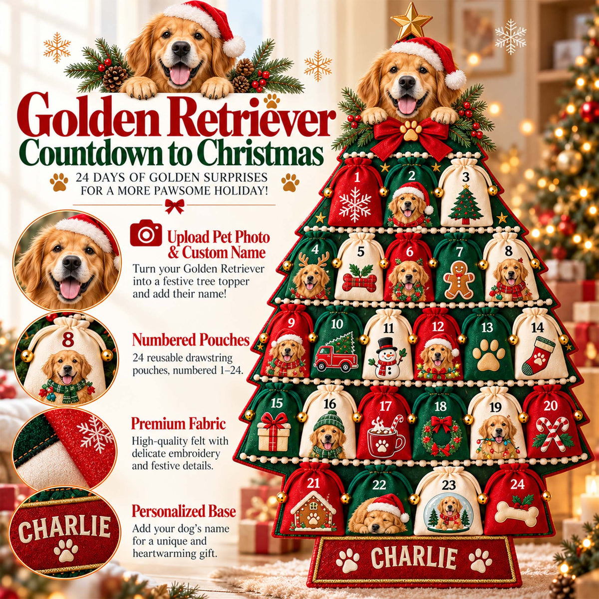 Personalized Golden Retriever Christmas Tree Countdown Calendar – 24 Days of Holiday Surprises