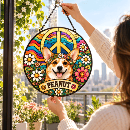 Personalized Hippie Pet Portrait Stained Glass Suncatcher – Custom Pet Name, Sunflower Boho Window Hanging Gift