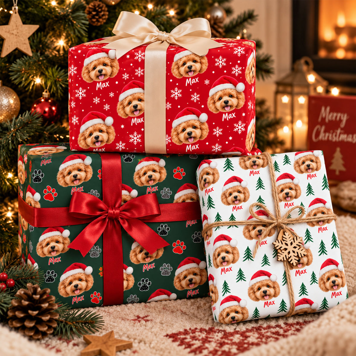Personalized Pet Face Santa Hat & Name Christmas Wrapping Paper for Dog Lovers