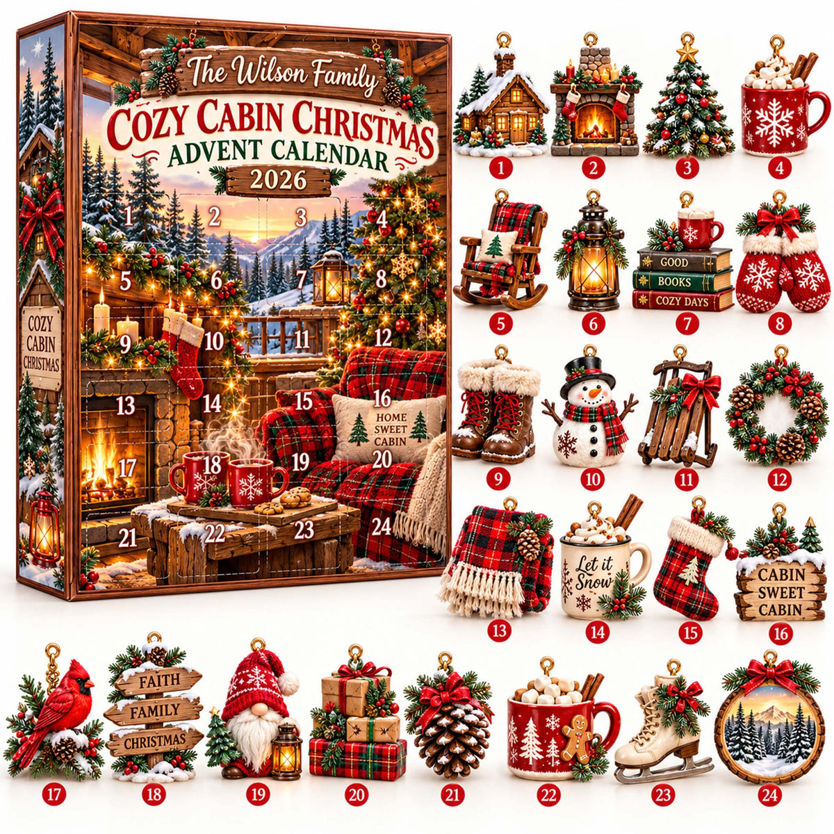Personalized Cozy Cabin Christmas Advent Calendar 2026 – 24 Rustic Woodland Ornaments