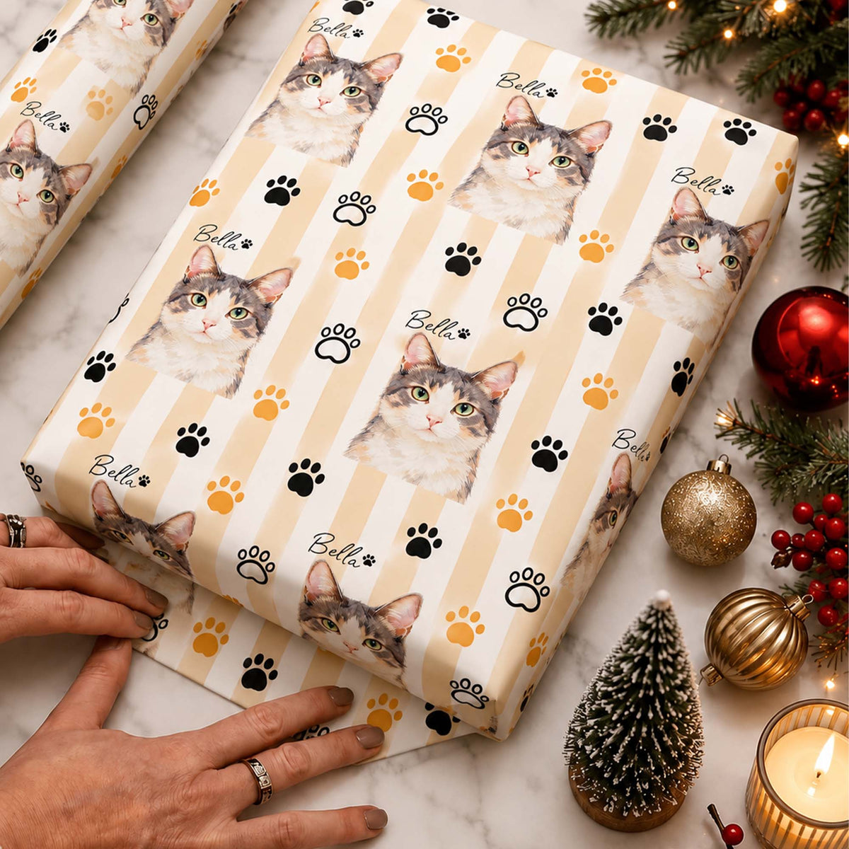 Custom Pet Portrait & Name Christmas Wrapping Paper