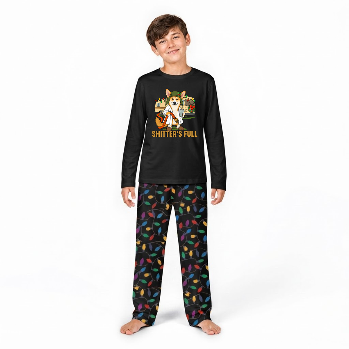 Custom Photo Funny Shitter's Full Dog Cousin Eddie RV Colorful Christmas Lights Family Pajamas
