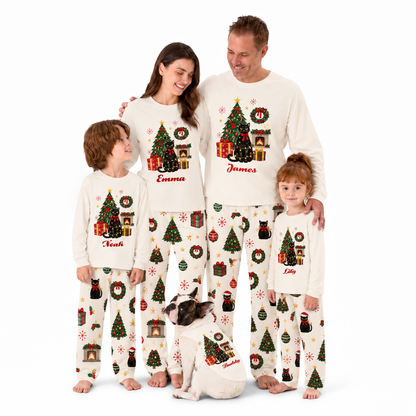 Custom Name Black Cat Christmas Tree Family Matching Christmas Pajamas With Pet