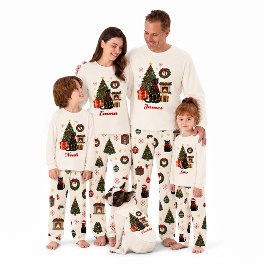Custom Name Black Cat Christmas Tree Family Matching Christmas Pajamas With Pet