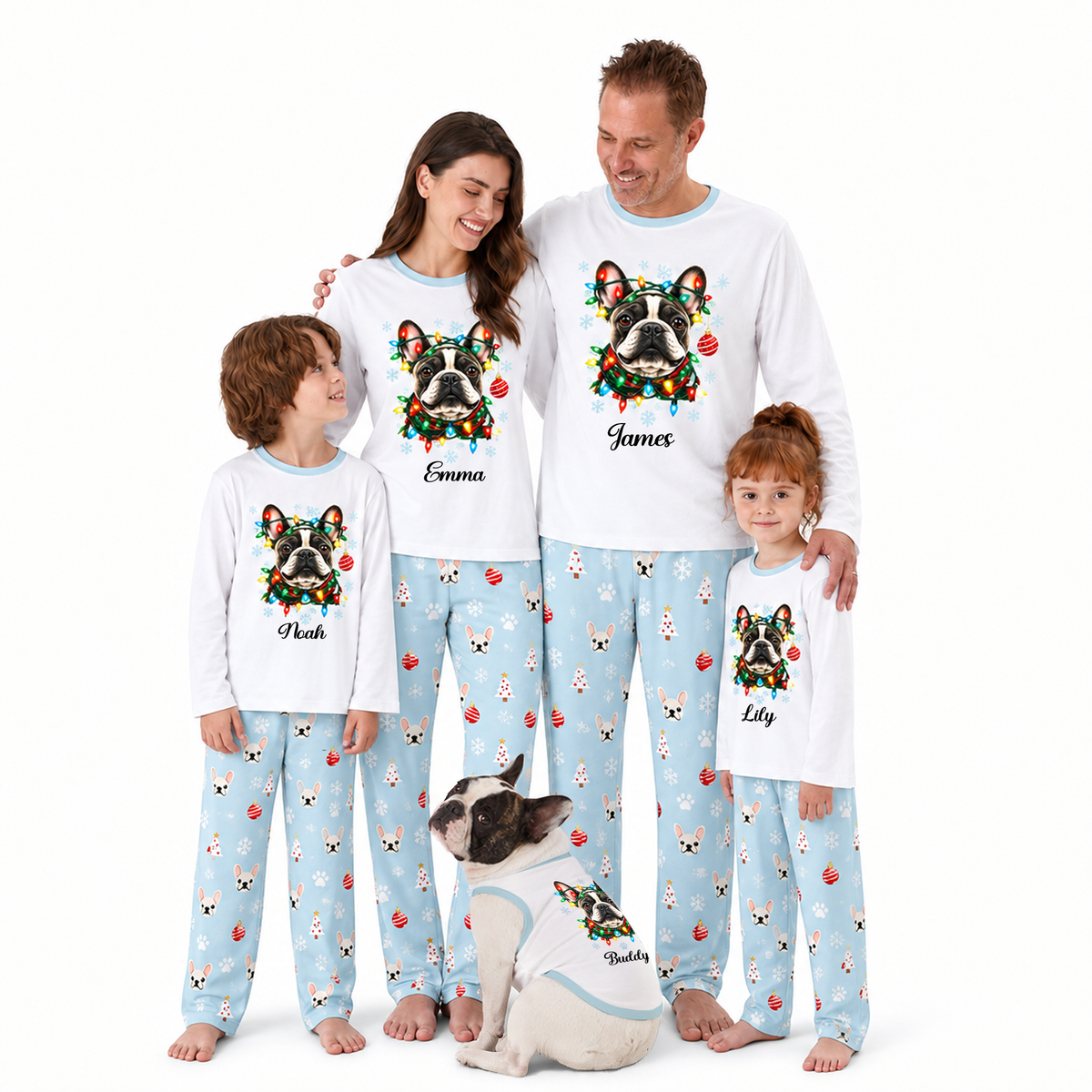Custom Name French Bulldog Christmas Lights Family Matching Pajamas With Pet