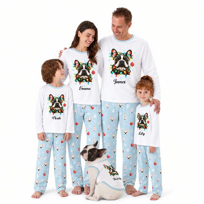 Custom Name French Bulldog Christmas Lights Family Matching Pajamas With Pet