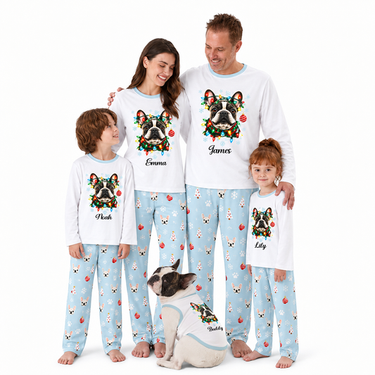 Custom Name French Bulldog Christmas Lights Family Matching Pajamas With Pet