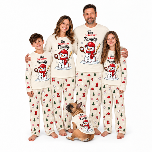 Cute Snowman Baseball Family Matching Christmas Pajamas With Pet