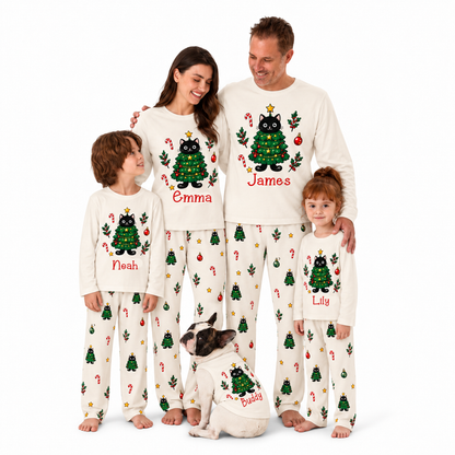 Personalized Black Cat Christmas Tree Family Matching Christmas Pajamas With Pet