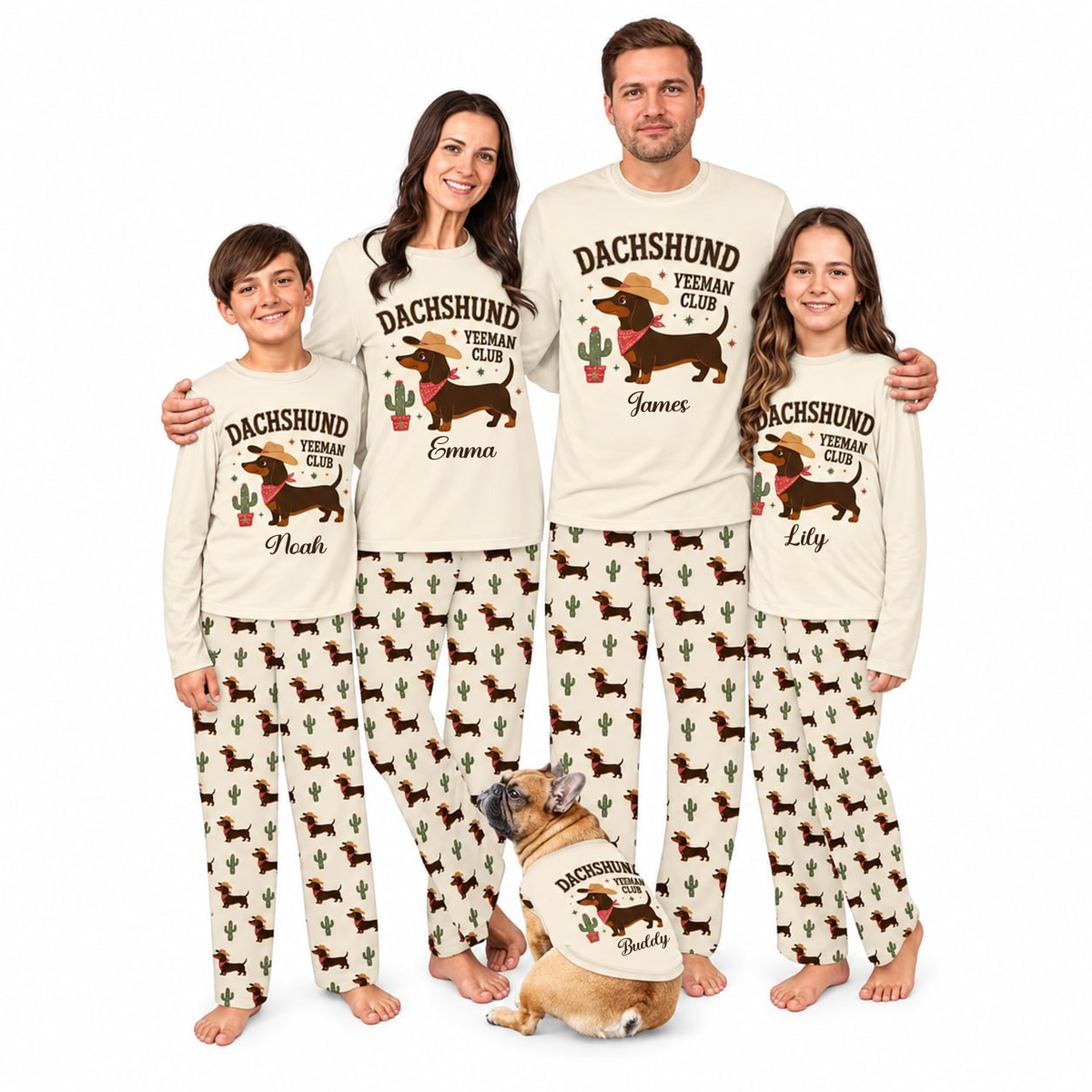 Custom Name Dachshund Cowboy Family Christmas Matching Pajamas With Pet