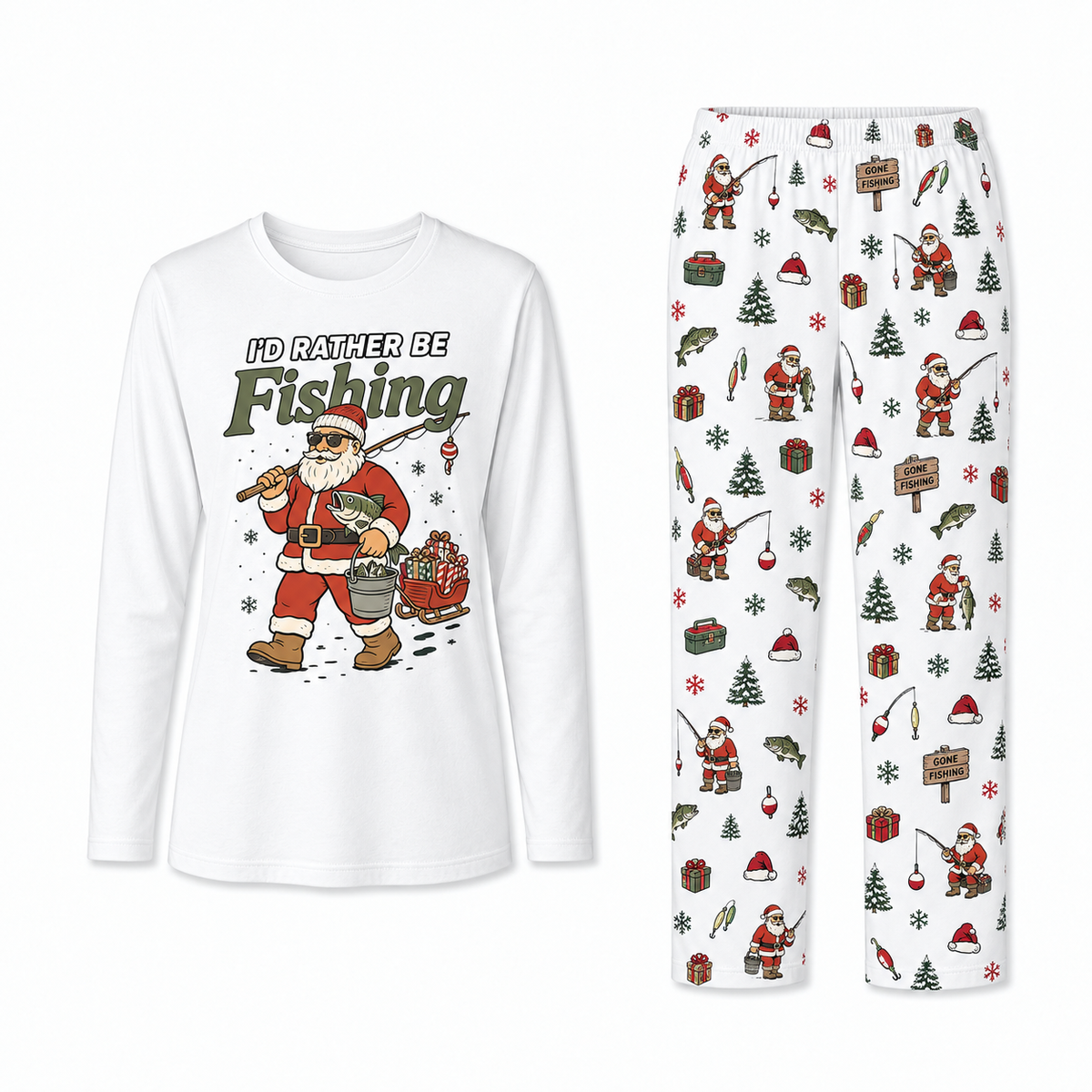 Funny Fishing Santa I'd Rather Be Fishing Matching Family Christmas Pajamas