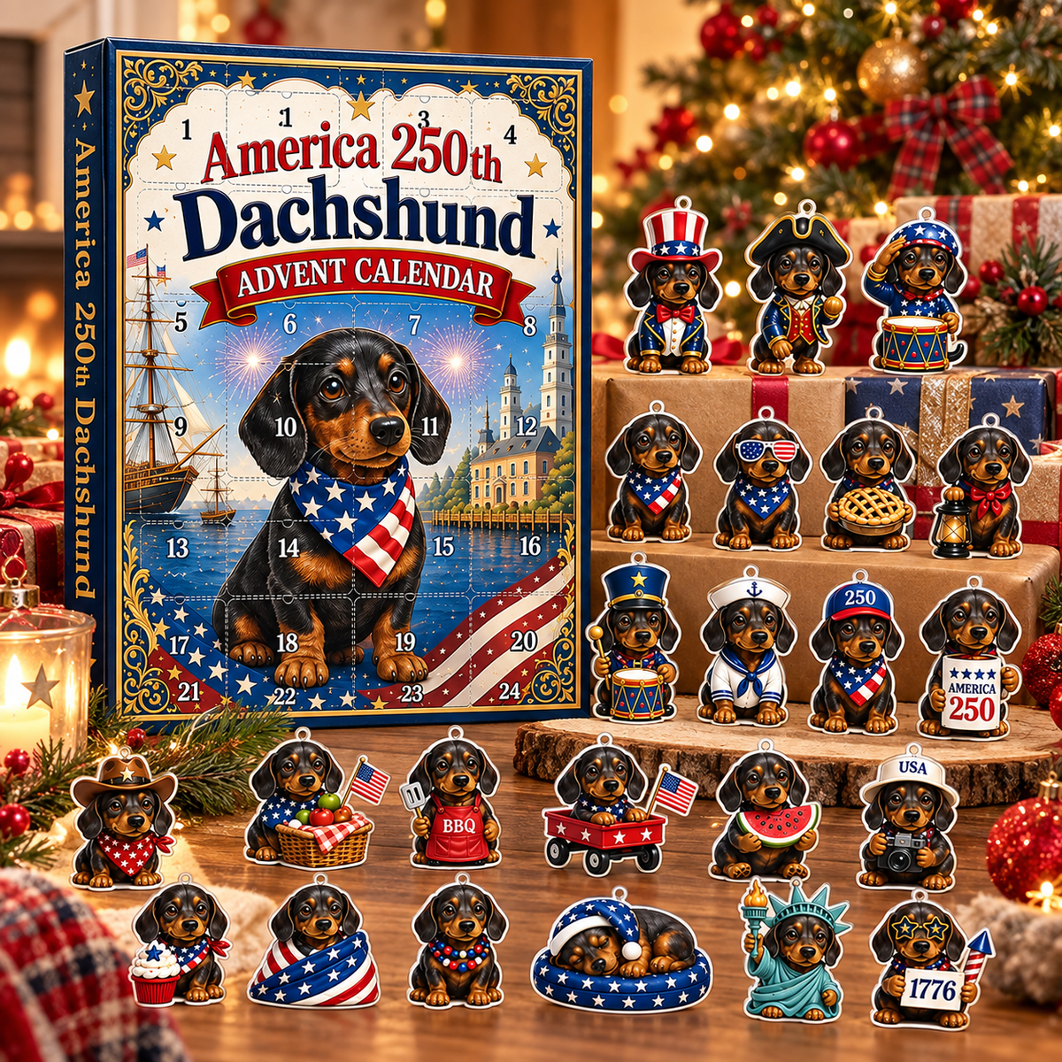 America 250th Dachshund Advent Calendar, 24 Days Patriotic Dog Christmas Countdown Gift