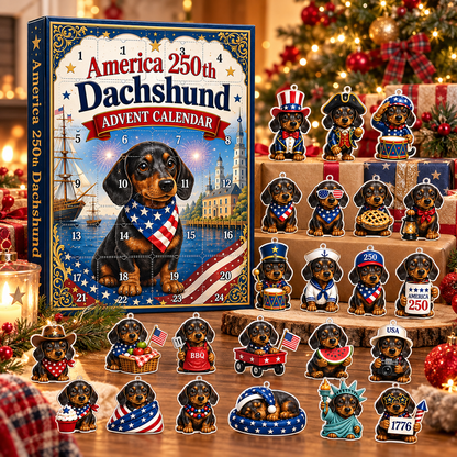 America 250th Dachshund Advent Calendar, 24 Days Patriotic Dog Christmas Countdown Gift