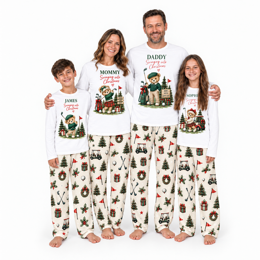 Custom Name Golf Teddy Bear Swinging Into Christmas Family Sleepwear Christmas