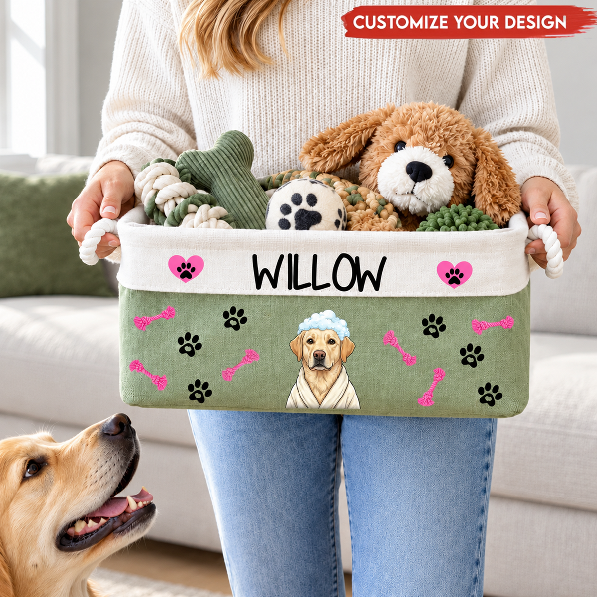 Personalized Fun Bath‑Robe Dog Photo Paw Bone Pattern Storage Basket with Name Pet Toy Organizing Birthday Gift for Dog Mom