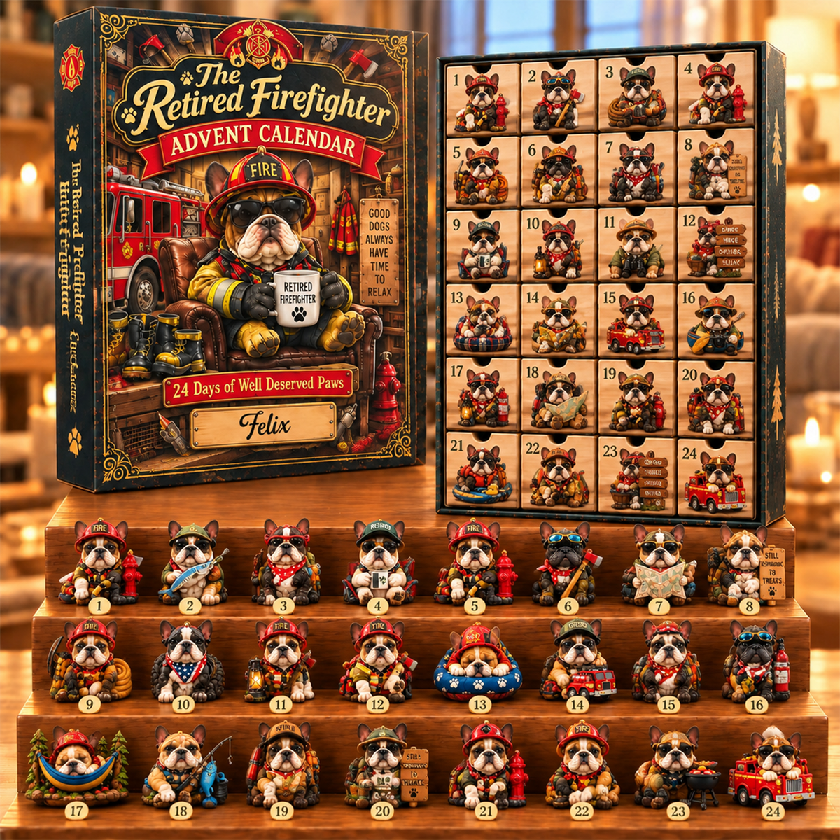 Personalized Retired Firefighter French Bulldog Advent Calendar – 24 Acrylic 2D Ornaments, Custom Name Christmas Gift
