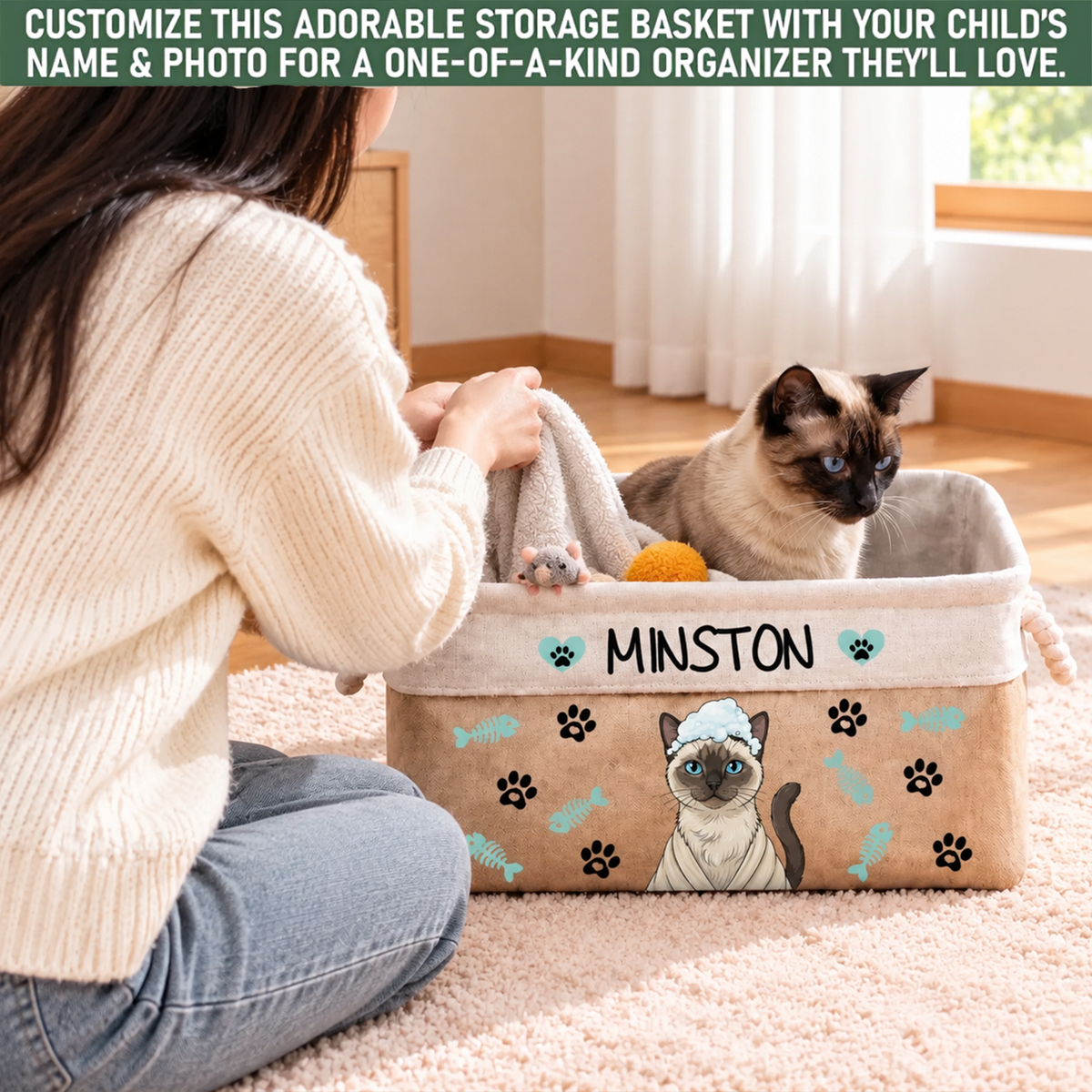Personalized Fun Bath‑Robe Dog Photo Paw Bone Pattern Storage Basket with Name Pet Toy Organizing Birthday Gift for Dog Mom