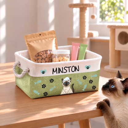 Personalized Fun Bath‑Robe Dog Photo Paw Bone Pattern Storage Basket with Name Pet Toy Organizing Birthday Gift for Dog Mom