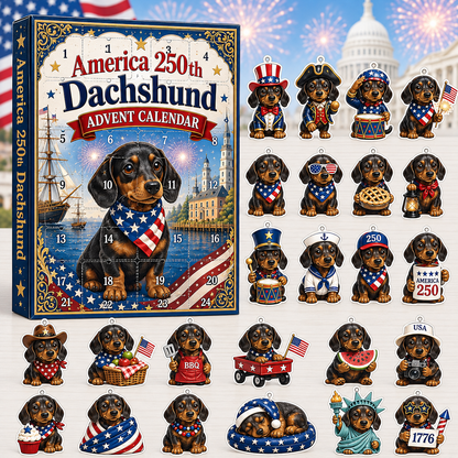 America 250th Dachshund Advent Calendar, 24 Days Patriotic Dog Christmas Countdown Gift