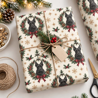 Personalized Festive Scottish Terrier Christmas Wreath Wrapping Paper for Dog Lovers