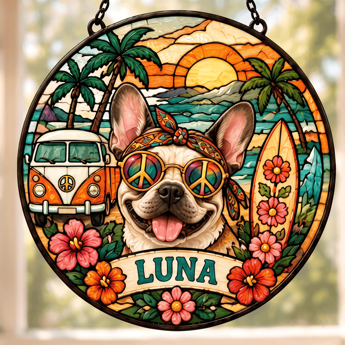 Personalized Hippie Pet Portrait Stained Glass Suncatcher – Custom Pet Name, Boho Hippie Window Hanging Gift