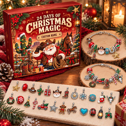 Personalized Western Cowboy Santa Christmas 24 Days Advent Calendar Bracelet Set With 24 Charms