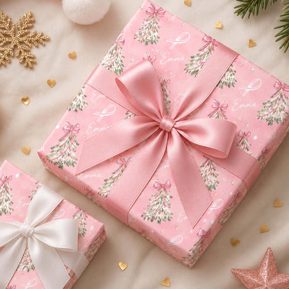 Personalized Name Pink Ribbon Christmas Tree Breast Cancer Holiday Wrapping Paper