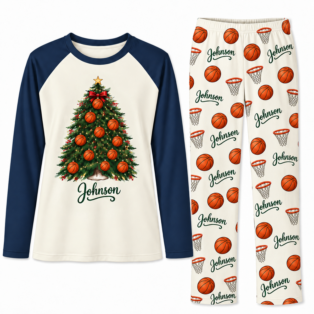 Personalized Name Festive Basketball Christmas Tree Family Pajama Sets