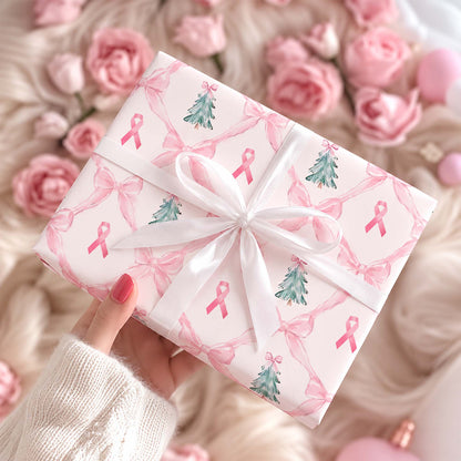 Personalized Festive Pink Ribbon Christmas Tree Breast Cancer Awareness Wrapping Paper