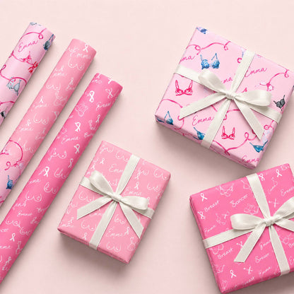 Personalized Breast Cancer Fighter Name Pink Bra Ribbon Wrapping Paper