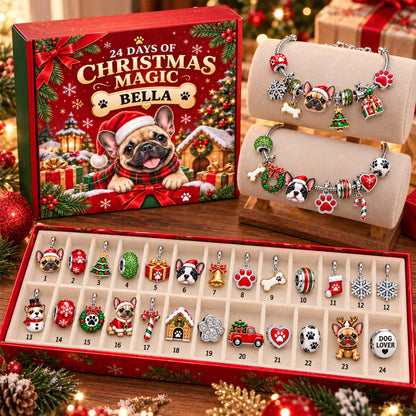 Personalized 24 Days French Bulldog Christmas Advent Calendar Bracelet Set With 24 Charms