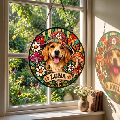 Personalized Hippie Pet Portrait Stained Glass Suncatcher – Custom Pet Name, Groovy Flower Power Peace Window Hanging Gift