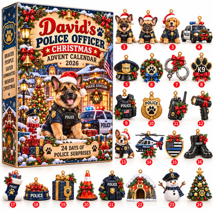 Personalized Police Officer Christmas Advent Calendar 2026 – Custom Name Police Dog Gift, 24 Days of Police-Themed Christmas Surprises