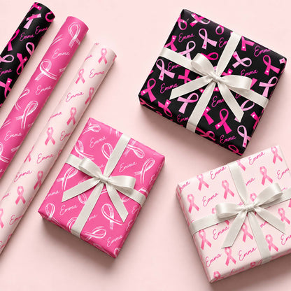 Custom Name Pink Ribbon Breast Cancer Awareness Wrapping Paper