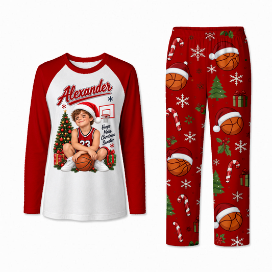 Personalized Basketball Christmas Matching Family Pajamas With Pet, Custom Photo Name & Number